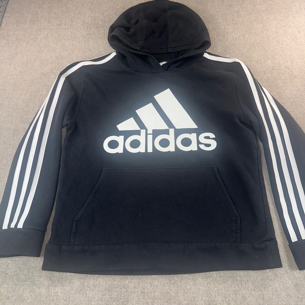 Adidas Boys Black White 3-Stripes Logo Pullover Hoodie Size L 14/16